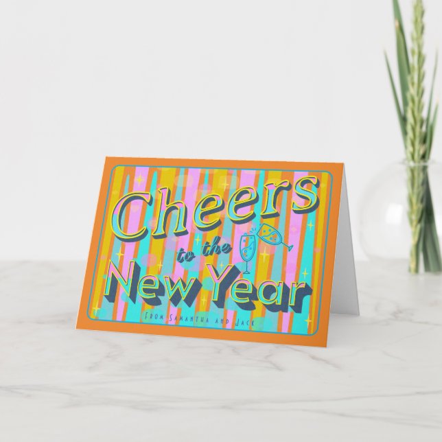 Cheers To The New Year With Fun Retro Colors Holiday Card (Front)