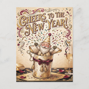 "Cheers to the New Year!" with Gnome in a Gift Box Postcard