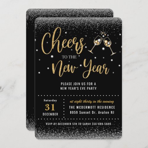 Cheers to the New Years Eve Party Black Gold  Invitation