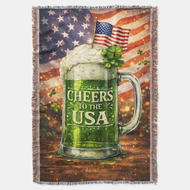 Cheers to the USA Green Beer St Patrick's Day Art Throw Blanket (Front Vertical)