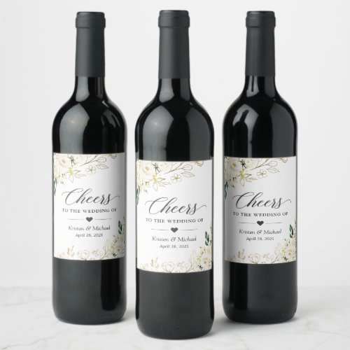 Cheers To The Wedding Elegant White Rose Floral Wine Label