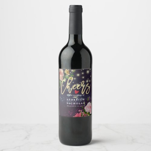 Cheers To The Wedding Floral String Lights Purple Wine Label