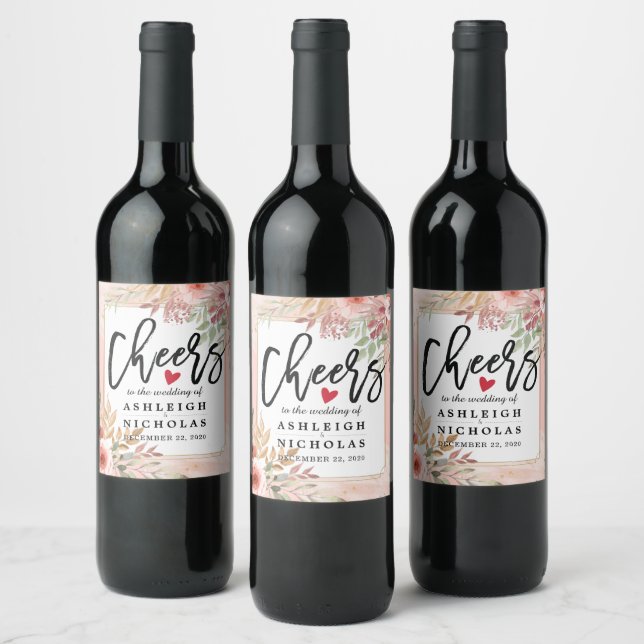 Cheers To The Wedding Modern Elegant Pink Flowers Wine Label (Bottles)