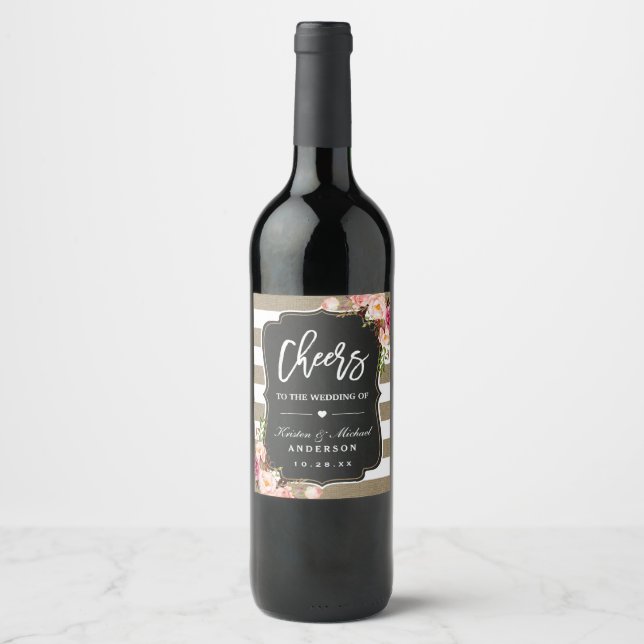 Cheers To The Wedding Rustic Chic Burlap Flowers Wine Label (Front)
