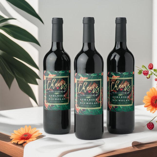 Cheers To The Wedding Tropical Floral Gold Frame Wine Label (Creator Uploaded)