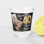 Cheers to the Years 40th Birthday 2 Photo Shot Glass<br><div class="desc">Celebrating the fabulous forty! These shot glasses allow you to upload a before and after photograph of the birthday man or woman in a faux gold frame, with the title 'Cheers to 40 Years!'. Featuring a rustic chalkboard background, faux gold number 40 helium balloons, faux gold glitter confetti, a Happy...</div>