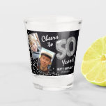 Cheers to the Years 50th Birthday 2 Photo Shot Glass<br><div class="desc">Celebrating the BIG 50! These shot glasses allow you to upload a before and after photograph of the birthday man or woman in a faux silver frame, with the title 'Cheers to 50 Years!'. Featuring a rustic chalkboard background, faux silver number 50 helium balloons, faux silver glitter confetti, a Happy...</div>