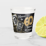 Cheers to the Years 60th Birthday 2 Photo Shot Glass<br><div class="desc">Celebrating the BIG Sixty! These shot glasses allow you to upload a before and after photograph of the birthday man or woman in a faux gold frame, with the title 'Cheers to 60 Years!'. Featuring a rustic chalkboard background, faux gold number 60 helium balloons, faux gold glitter confetti, a Happy...</div>