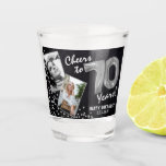 Cheers to the Years 70th Birthday 2 Photo Shot Glass<br><div class="desc">Celebrating the BIG Seventy! These shot glasses allow you to upload a before and after photograph of the birthday man or woman in a faux silver frame, with the title 'Cheers to 70 Years!'. Featuring a rustic chalkboard background, faux silver number 70 helium balloons, faux silver glitter confetti, a Happy...</div>