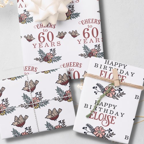 Cheers to the Years Bird and Flowers Birthday Wrapping Paper Sheets