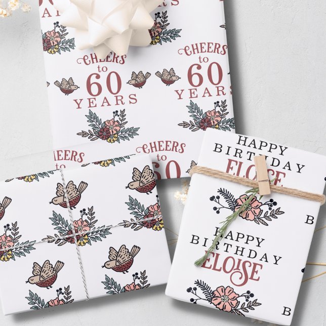 Cheers to the Years Bird and Flowers Birthday Wrapping Paper Sheets (Personalized Birthday Wrapping Paper for Her)