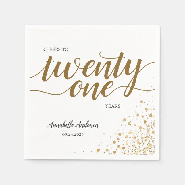 Cheers to Twenty One Gold Confetti 21st Birthday Napkins (Front)