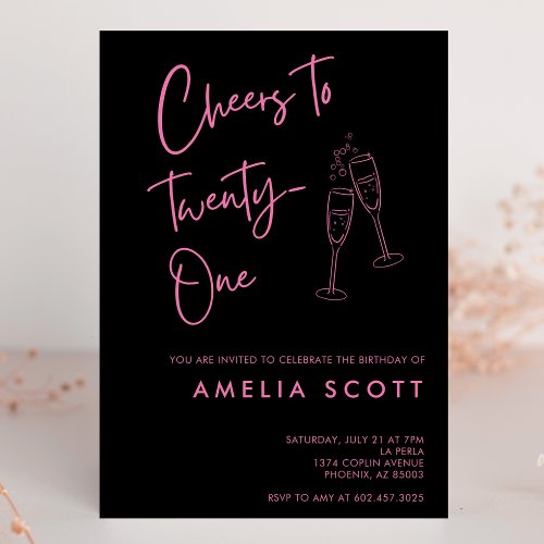 Cheers to Twenty One Pink Black 21st Birthday Invitation