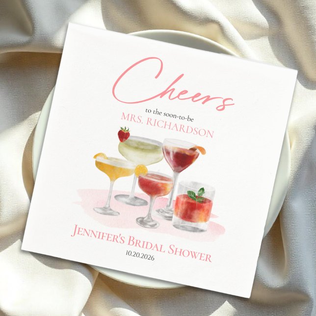 Cheers to | Watercolor Cocktails Bridal Shower Napkins (Creator Uploaded)