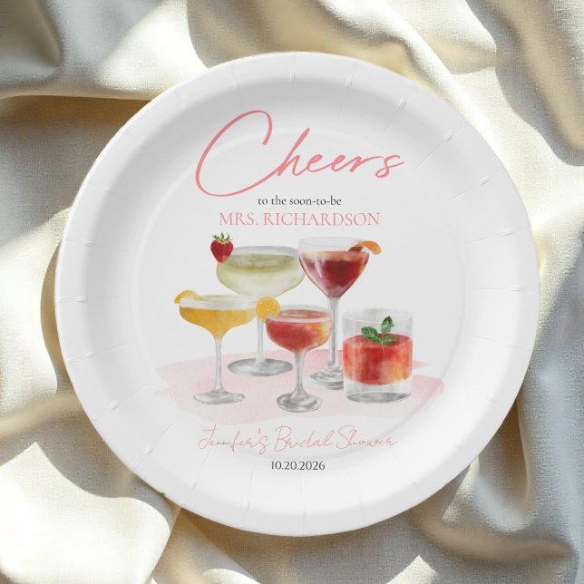Cheers to |  Watercolor Cocktails Bridal Shower Paper Plates (Creator Uploaded)