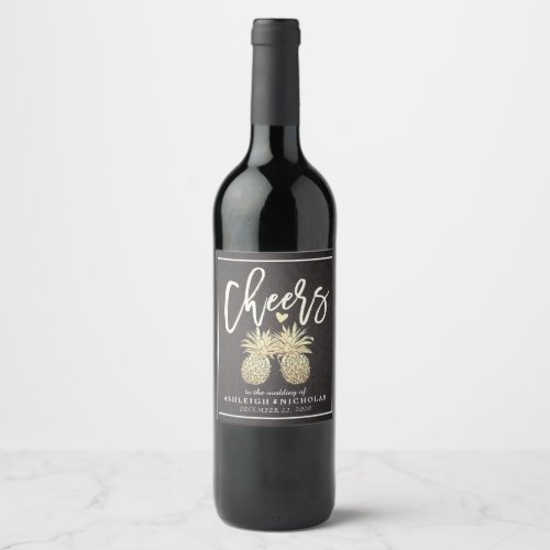 Cheers To Wedding Chic Black Gold Pineapple Couple Wine Label
