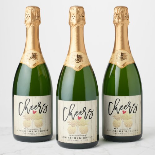 Cheers To Wedding Chic Gold Pineapples Rustic Wood Sparkling Wine Label