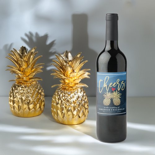 Cheers To Wedding Gold Pineapple Couple Navy Blue  Wine Label