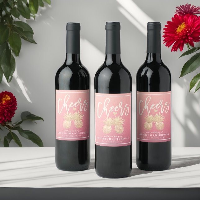 Cheers To Wedding Gold Pineapple Couple Pink Roses Wine Label (Creator Uploaded)