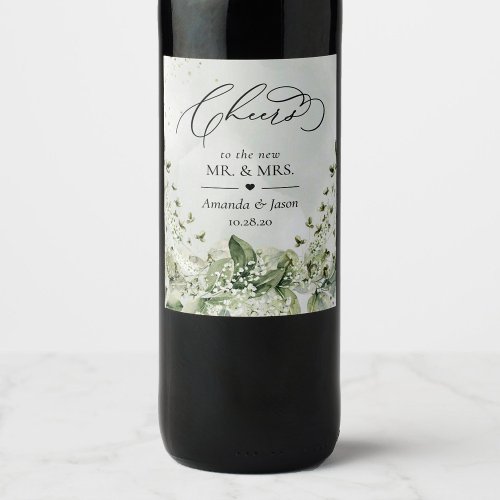 Cheers To Wedding Sage Green Foliage Botanical Wine Label