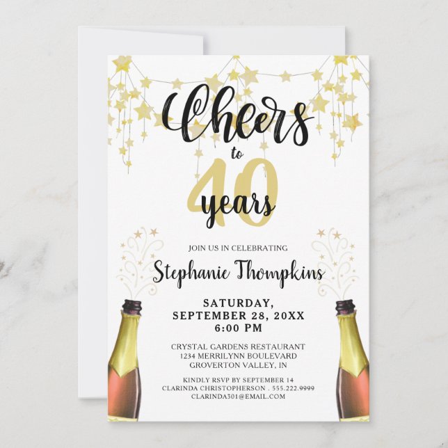 Cheers to # Years Black Gold Stars Script Invitation (Front)