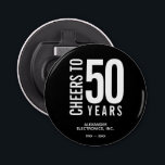Cheers to Years in Business Anniversary Bottle Opener<br><div class="desc">Button bottle opener is personalized with your business name,  years in business,  year started and today's year. Ideal for any business anniversary celebration or as a party gift. MATCHING items in our collection.</div>
