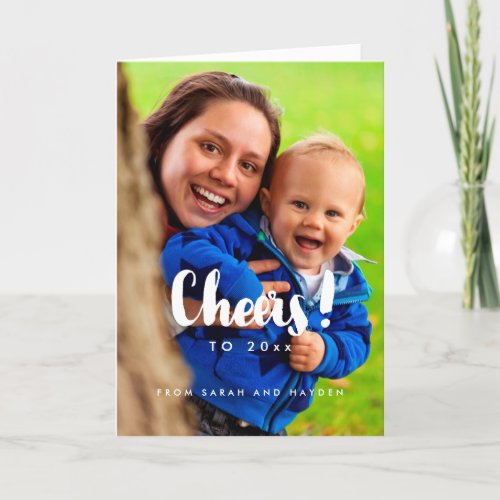 Cheers trendy white font New Year Holiday Card