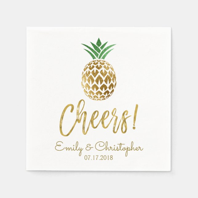Cheers Tropical Hawaiian Pineapple Wedding White Paper Napkins (Front)