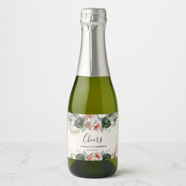 Cheers Tropical Palm Wedding Mini Sparkling Wine L Label (Front)