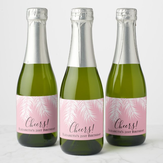 Cheers Tropical Palms Pink 21st Birthday Mini Sparkling Wine Label (Bottles)