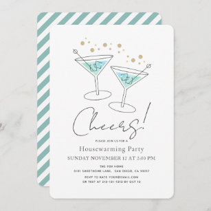 Cheers Turquoise Blue Housewarming Cocktail Party Invitation