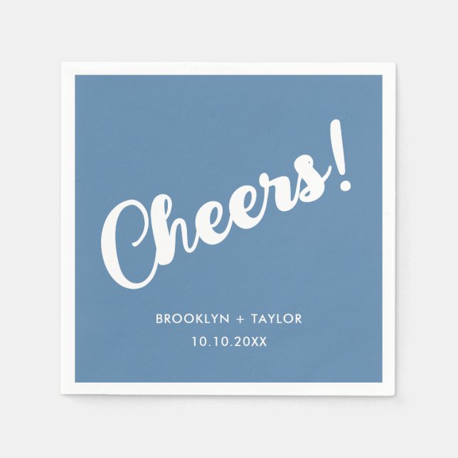 Cheers Unique Celebration Simple Text Blue White Napkins (Front)