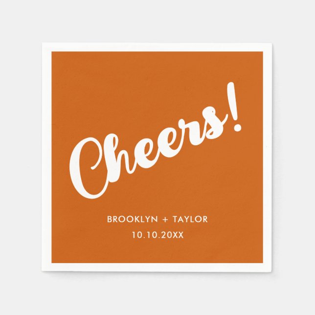 Cheers Unique Celebration Simple Text Orange White Napkins (Front)