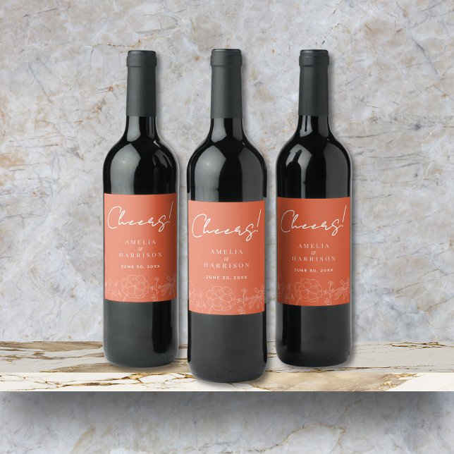 Cheers Verona Sunset Elegant Orange Floral Wedding Wine Label (Cheers Verona Sunset Elegant Orange Floral Wedding Wine Label with Couple Names, Wedding Date.)