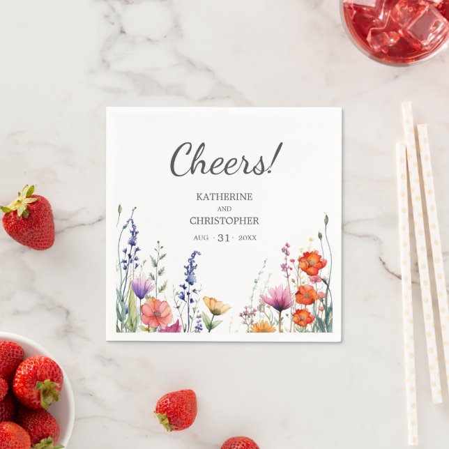 Cheers Vibrant Wildflowers Elegant Wedding Napkins (Insitu)
