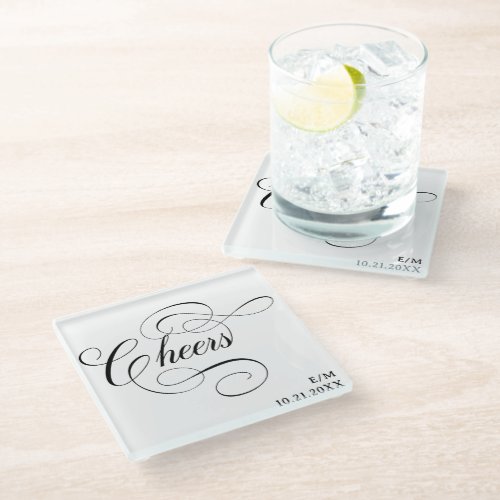 Cheers  Vintage Calligraphy Personalized Wedding Glass Coaster