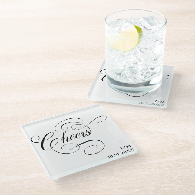 Cheers | Vintage Calligraphy Personalized Wedding Glass Coaster (Angled)