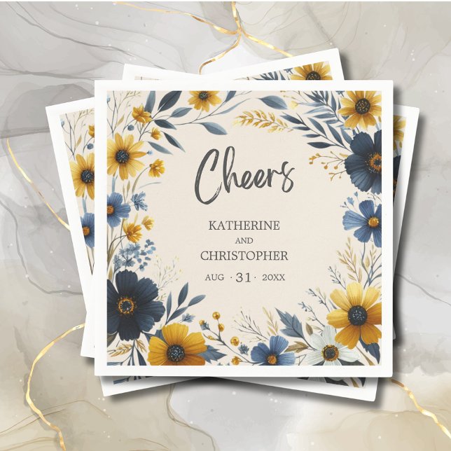 Cheers Watercolor Wildflower Elegant Beige Wedding Napkins (Cheers Wildflowers Wedding Napkin with Blue and Yellow Wildflowers, Wedding Details.)