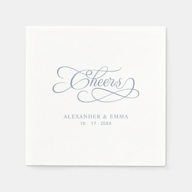 Cheers Wedding Dusty Blue & White Calligraphy Napkins (Front)