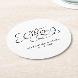 Cheers Wedding Elegant Calligraphy Black & White Round Paper Coaster