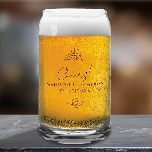 Cheers Wedding Engagement Botanical Leaves Black Can Glass