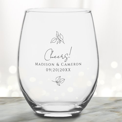 Cheers Wedding Engagement Botanical Leaves Black Stemless Wine Glass