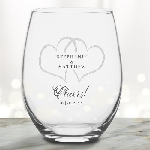 Cheers Wedding Engagement Hearts Names Date Custom Stemless Wine Glass