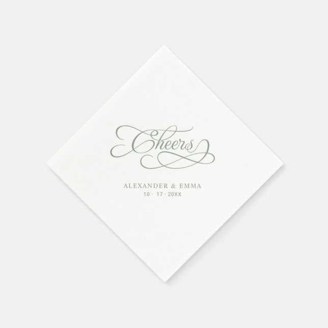 Cheers Wedding Sage Green Elegant Calligraphy Napkins (Corner)