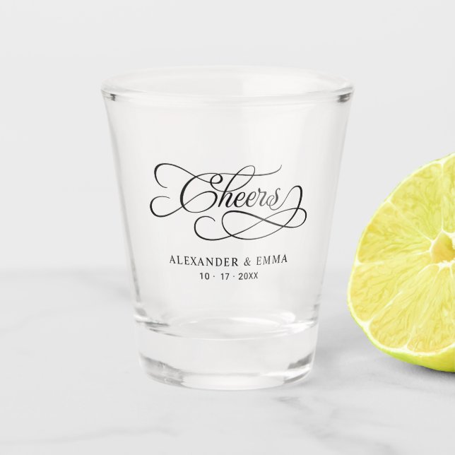 Cheers Wedding Toast Couple Names Date Black Shot Glass (Front)