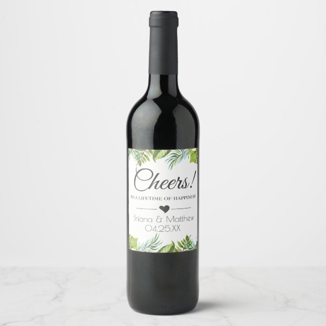 Cheers Wedding Wine Label | Tropical Leaves (Front)