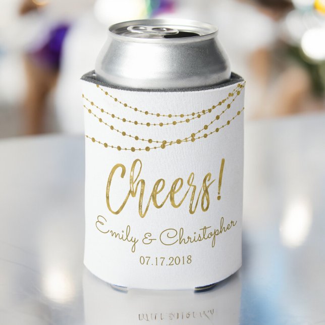 Cheers White and Gold Foil String Lights Can Cooler (Creator Uploaded)