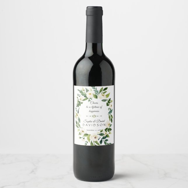 Cheers White Green Floral Wreath Wedding Wine Label (Front)