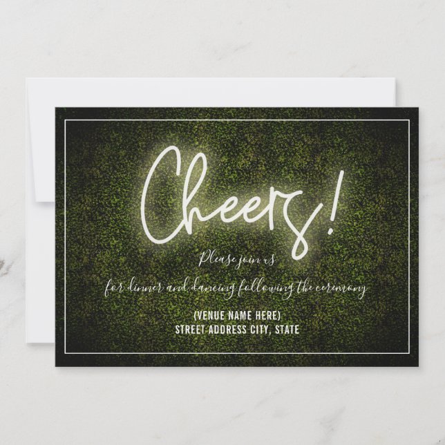Cheers White Neon Boxwood Wedding Reception Invitation (Front)