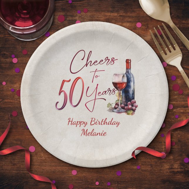 Cheers Wine 50th Birthday Paper Plates (Creator Uploaded)